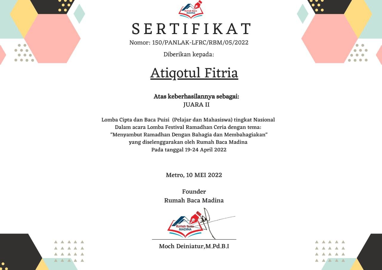 Mahasiswi STIS Darusy Syafa’ah Juara II Lomba Cipta Puisi Tingkat Nasional