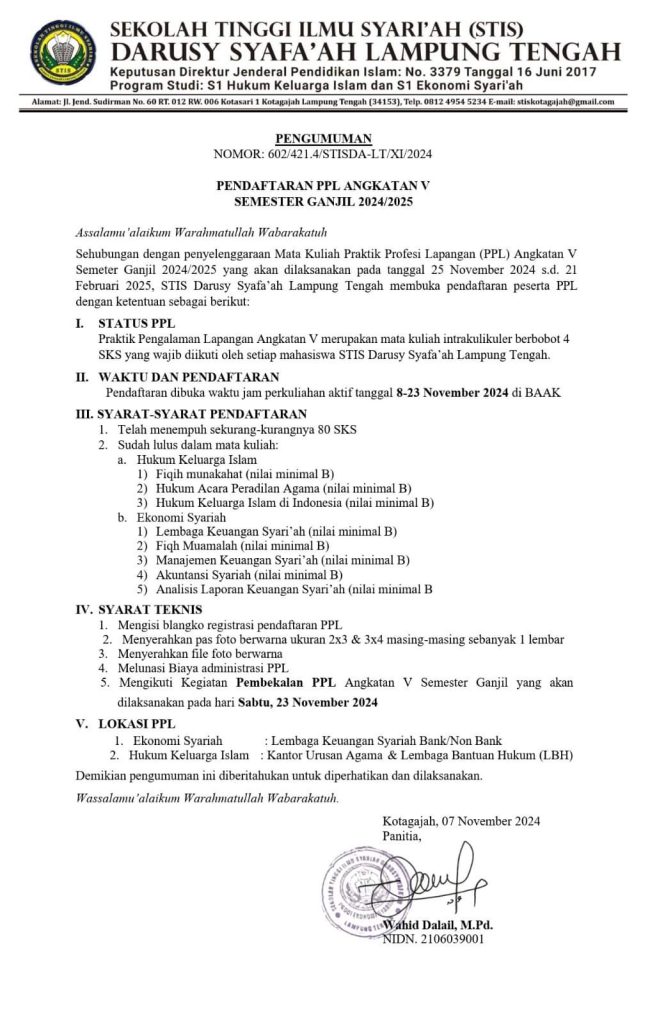 Inilah Persyaratan PPL STISDA Lampung Tengah Tahun 2024