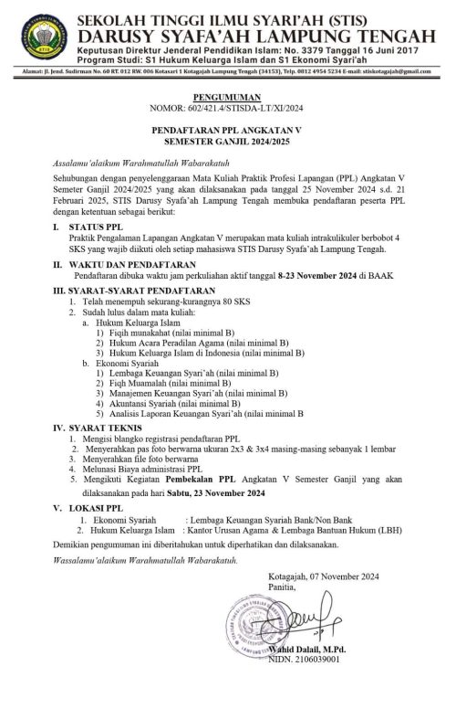Inilah Persyaratan PPL STISDA Lampung Tengah Tahun 2024